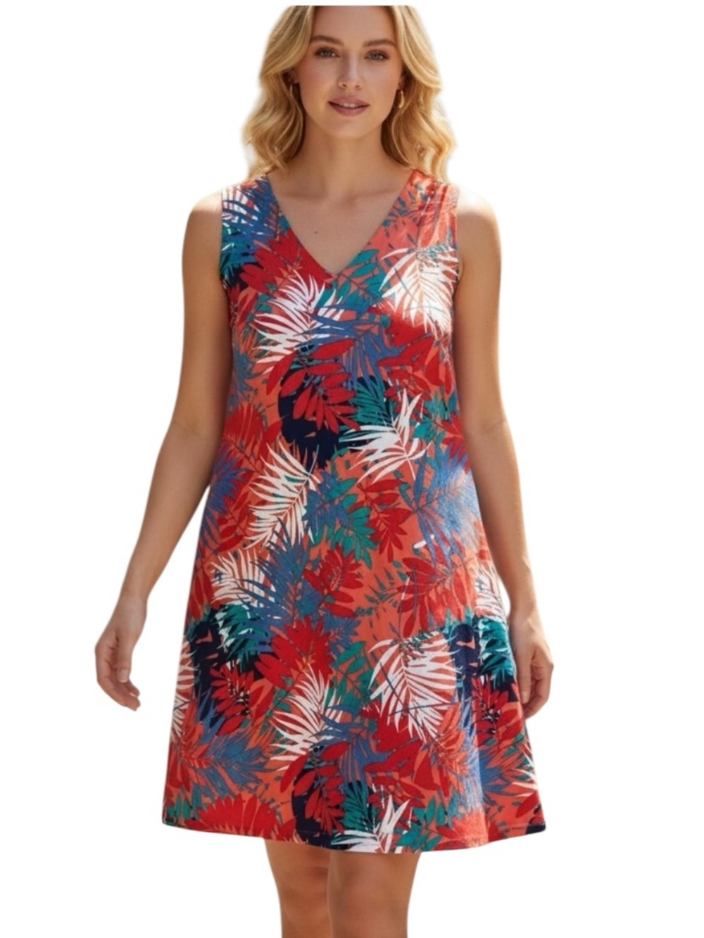 Linen Viscose Blend Leaf  Dress in Red Multi Sixe 22 Swim Cover Tropical Resort